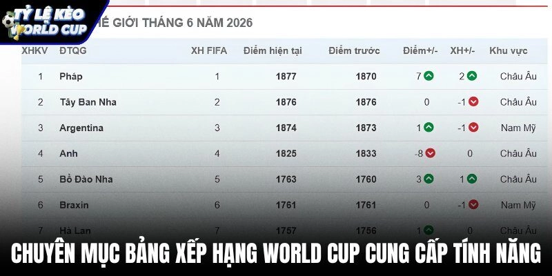 Tính năng thống kê điểm số trên Bảng xếp hạng World Cup