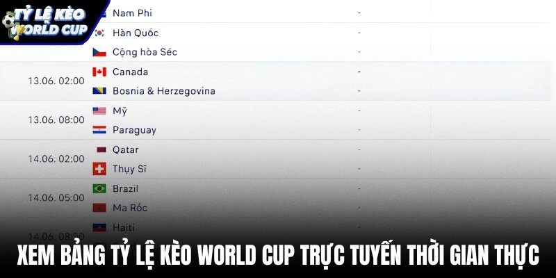 Hệ thống bảng tỷ lệ kèo World Cup trực tuyến thời gian thực
